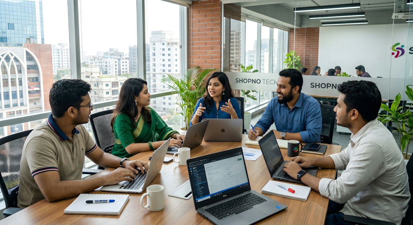 Professionals discuss ideas around a table in a modern office.